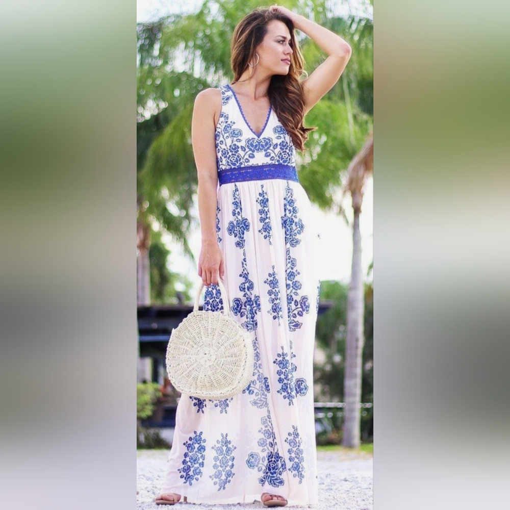 NWOT A. Calin Flying Tomato White Blue Maxi Dress Lace Crochet Grecian Goddess